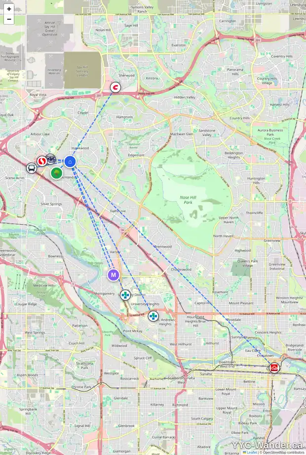 Daily accessibility map for 227 HAWKSIDE ME NW, Calgary showing nearby schools, grocery stores, parks, LRT stations and nearby amenities