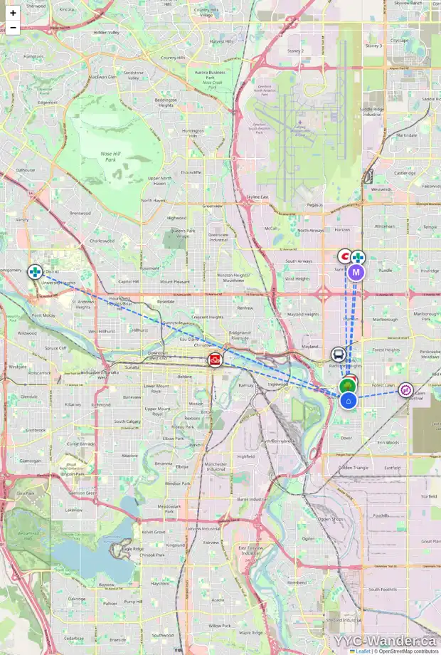 Daily accessibility map for 2033 33 ST SE, Calgary showing nearby schools, grocery stores, parks, LRT stations and nearby amenities