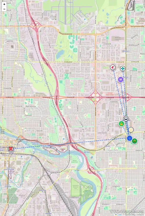 Daily accessibility map for 4 FONDA CR SE, Calgary showing nearby schools, grocery stores, parks, LRT stations and nearby amenities