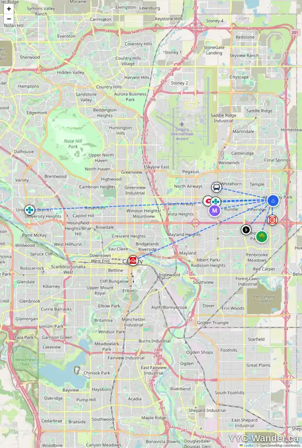 Daily accessibility map for 28 LA VALENCIA GD NE, Calgary showing nearby schools, grocery stores, parks, LRT stations and nearby amenities