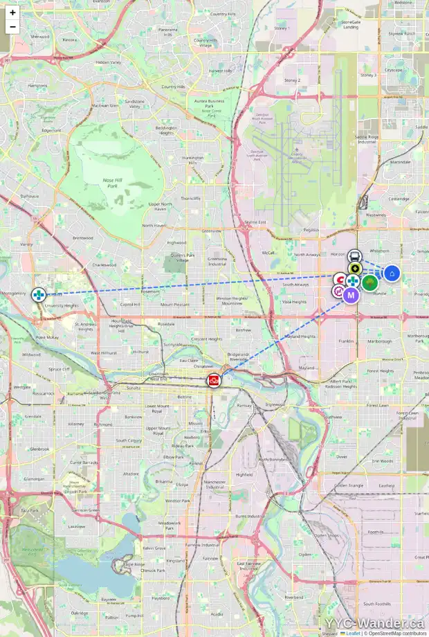 Daily accessibility map for 3303 48 ST NE, Calgary showing nearby schools, grocery stores, parks, LRT stations and nearby amenities