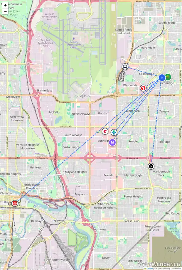 Daily accessibility map for 44 FALMEAD CL NE, Calgary showing nearby schools, grocery stores, parks, LRT stations and nearby amenities