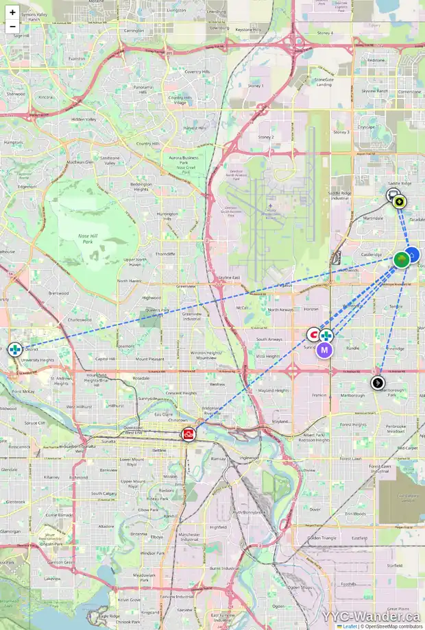 Daily accessibility map for 36 FALCONER TC NE, Calgary showing nearby schools, grocery stores, parks, LRT stations and nearby amenities