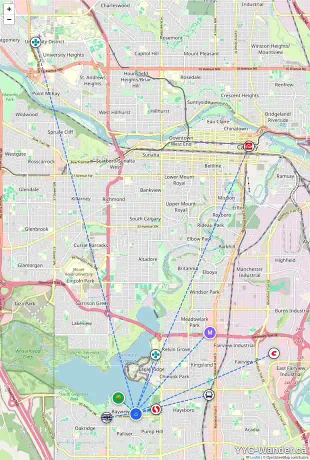 Daily accessibility map for 1920 BAY SHORE RD SW, Calgary showing nearby schools, grocery stores, parks, LRT stations and nearby amenities