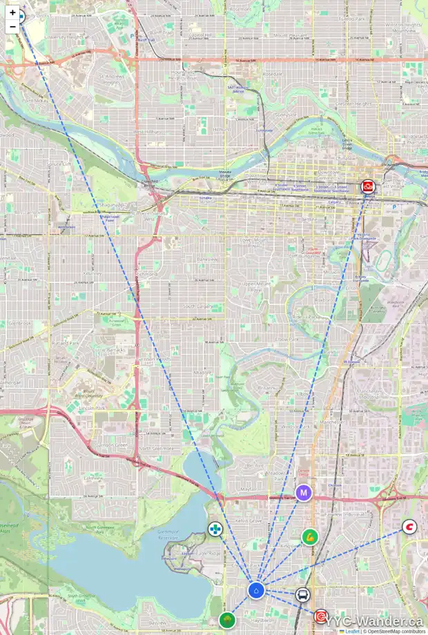 Daily accessibility map for 6 HARCOURT RD SW, Calgary showing nearby schools, grocery stores, parks, LRT stations and nearby amenities