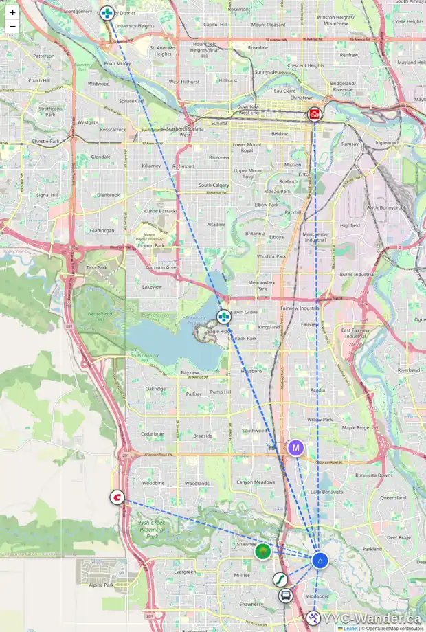 Daily accessibility map for 20 MIDRIDGE BA SE, Calgary showing nearby schools, grocery stores, parks, LRT stations and nearby amenities