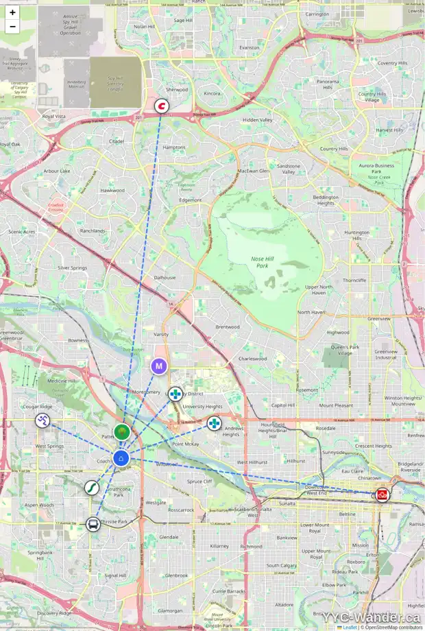 Daily accessibility map for 96 COACH MANOR TC SW, Calgary showing nearby schools, grocery stores, parks, LRT stations and nearby amenities