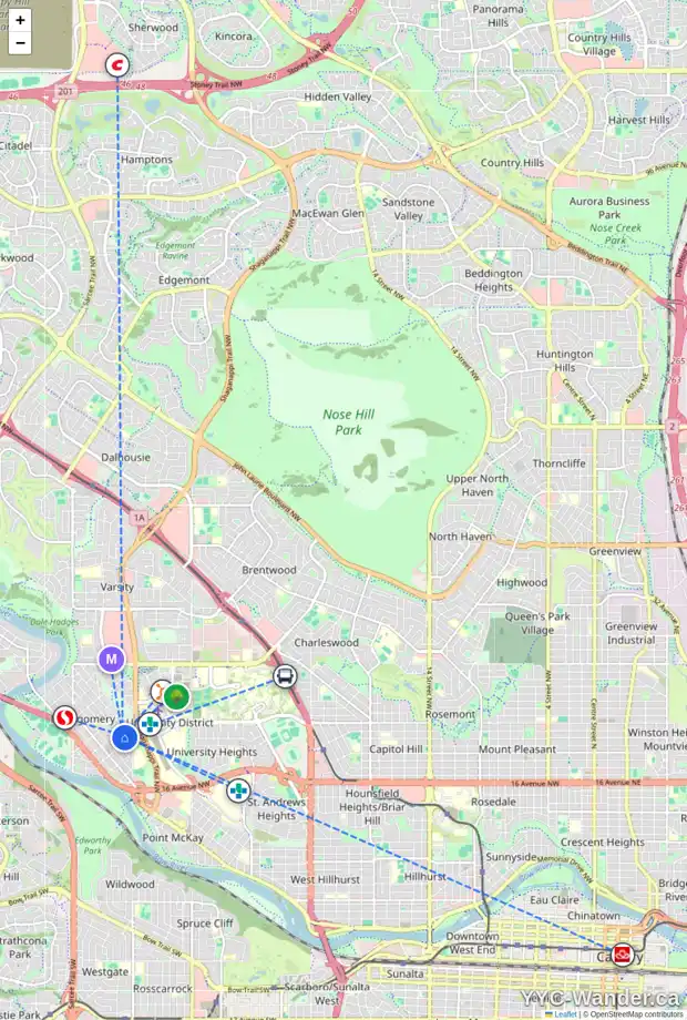 Daily accessibility map for 4524 21 AV NW, Calgary showing nearby schools, grocery stores, parks, LRT stations and nearby amenities