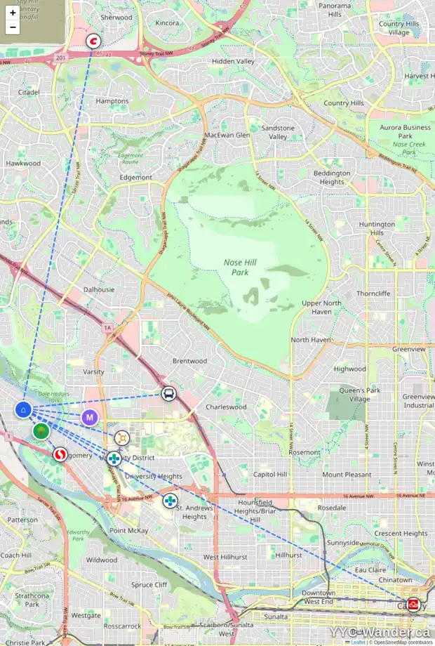 Daily accessibility map for 6220 BOWWOOD DR NW, Calgary showing nearby schools, grocery stores, parks, LRT stations and nearby amenities
