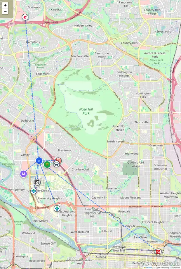Daily accessibility map for 4016 40 AV NW, Calgary showing nearby schools, grocery stores, parks, LRT stations and nearby amenities