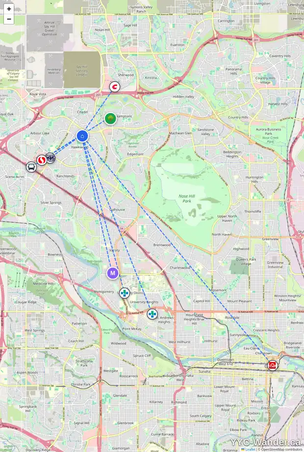 Daily accessibility map for 63 HAWKMOUNT GR NW, Calgary showing nearby schools, grocery stores, parks, LRT stations and nearby amenities