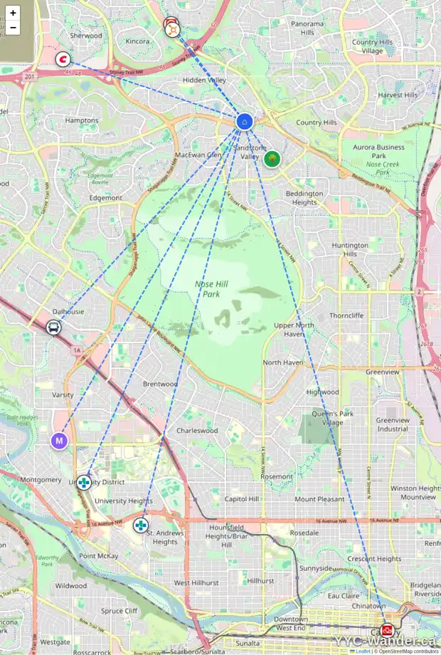 Daily accessibility map for 10241 HIDDEN VALLEY DR NW, Calgary showing nearby schools, grocery stores, parks, LRT stations and nearby amenities
