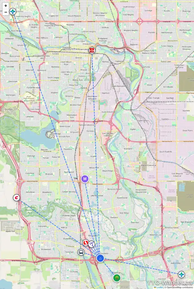 Daily accessibility map for 90 SUNDOWN MR SE, Calgary showing nearby schools, grocery stores, parks, LRT stations and nearby amenities