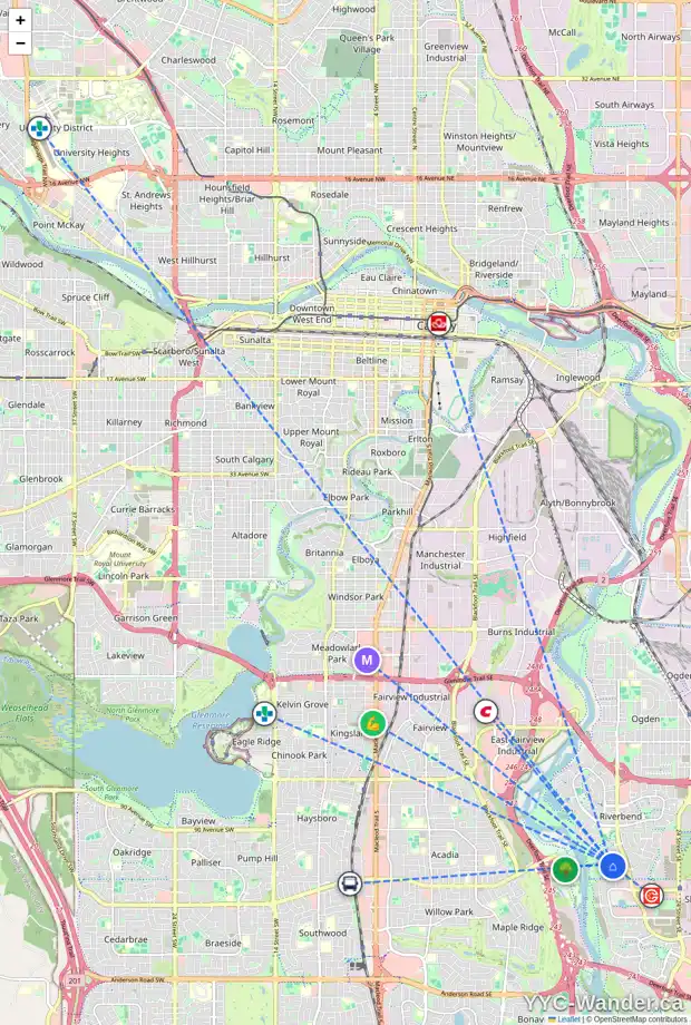 Daily accessibility map for 126 RIVERVIEW CI SE, Calgary showing nearby schools, grocery stores, parks, LRT stations and nearby amenities