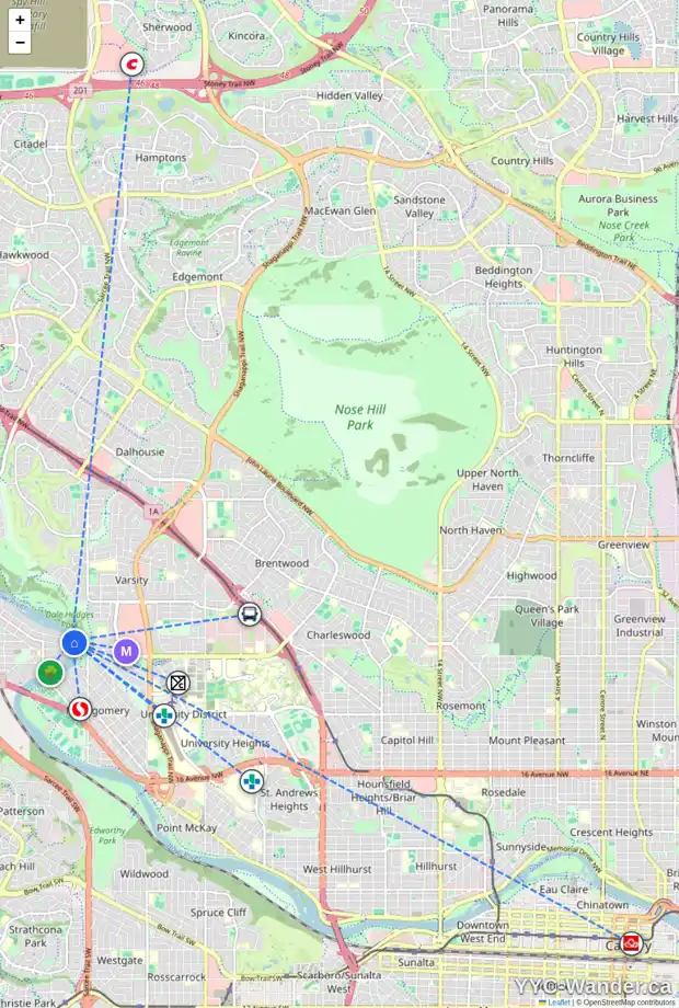 Daily accessibility map for 32 BOWBANK CR NW, Calgary showing nearby schools, grocery stores, parks, LRT stations and nearby amenities
