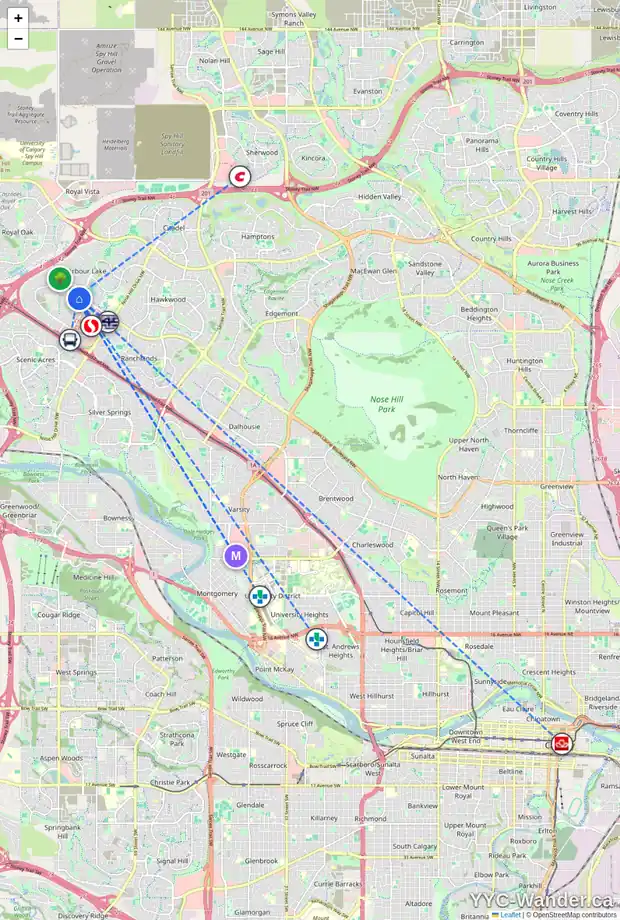 Daily accessibility map for 39 ARBOUR WOOD CL NW, Calgary showing nearby schools, grocery stores, parks, LRT stations and nearby amenities