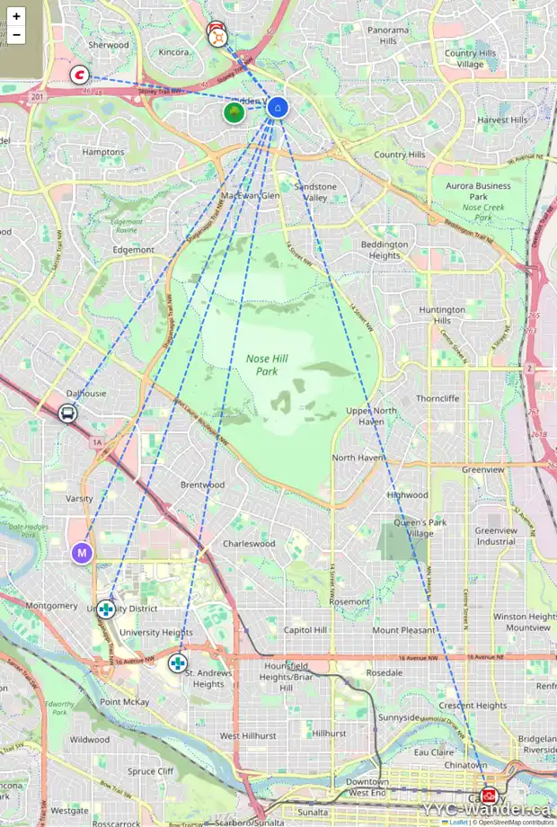 Daily accessibility map for 33 HIDDEN SPRING CL NW, Calgary showing nearby schools, grocery stores, parks, LRT stations and nearby amenities