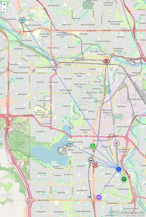 Daily accessibility map for 9232 ACADEMY DR SE, Calgary showing nearby schools, grocery stores, parks, LRT stations and nearby amenities