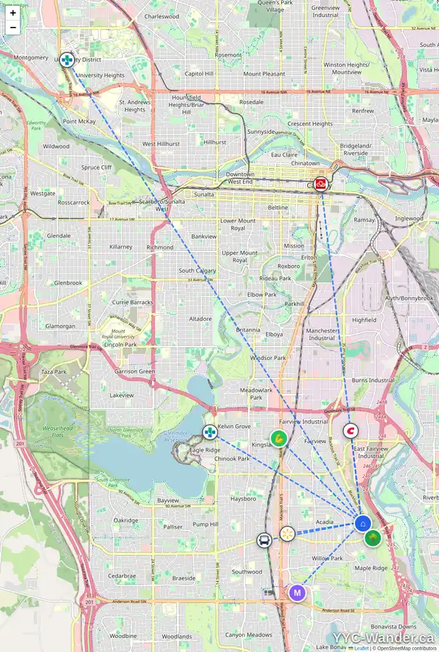 Daily accessibility map for 9508 ACADEMY DR SE, Calgary showing nearby schools, grocery stores, parks, LRT stations and nearby amenities