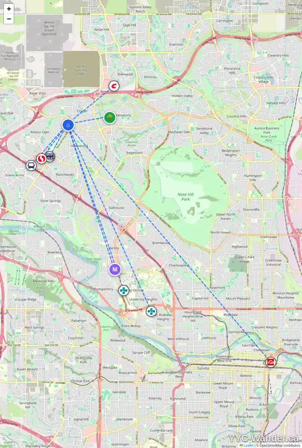 Daily accessibility map for 54 ARBOUR RIDGE PA NW, Calgary showing nearby schools, grocery stores, parks, LRT stations and nearby amenities