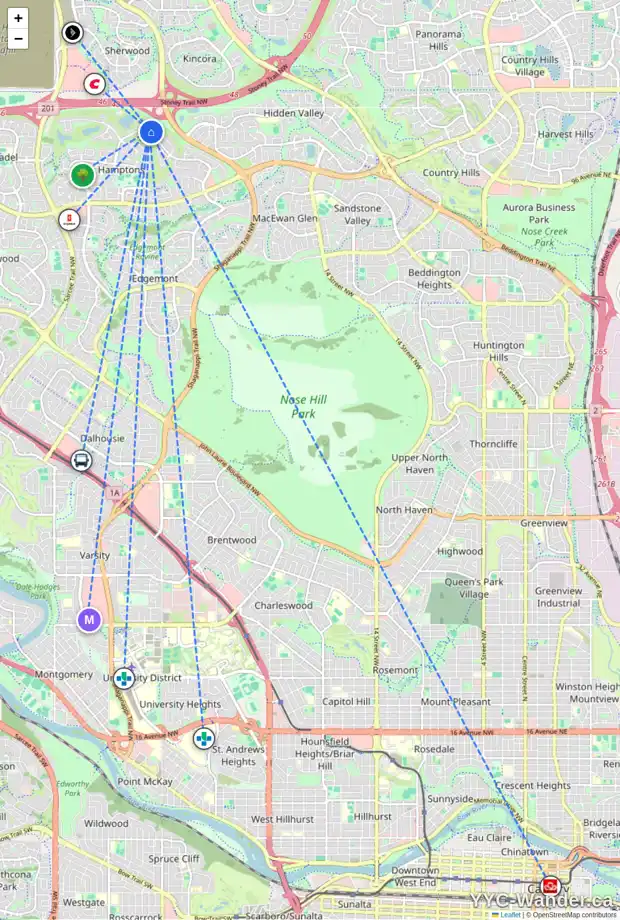 Daily accessibility map for 23 HAMPTONS BA NW, Calgary showing nearby schools, grocery stores, parks, LRT stations and nearby amenities