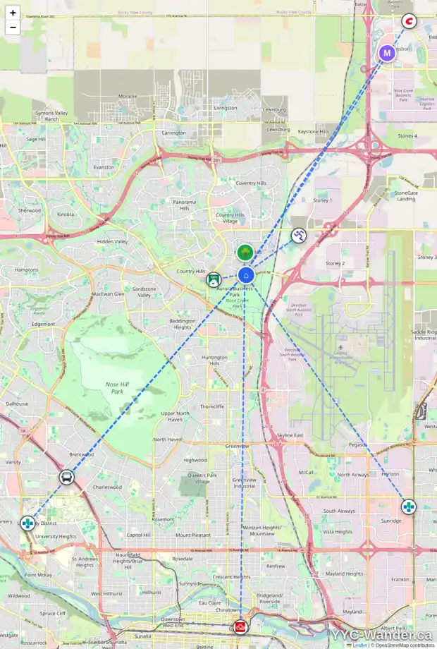 Daily accessibility map for 9747 HARVEST HILLS LI NE, Calgary showing nearby schools, grocery stores, parks, LRT stations and nearby amenities