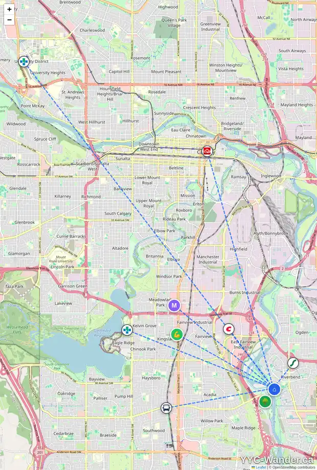 Daily accessibility map for 126 RIVERVIEW PA SE, Calgary showing nearby schools, grocery stores, parks, LRT stations and nearby amenities