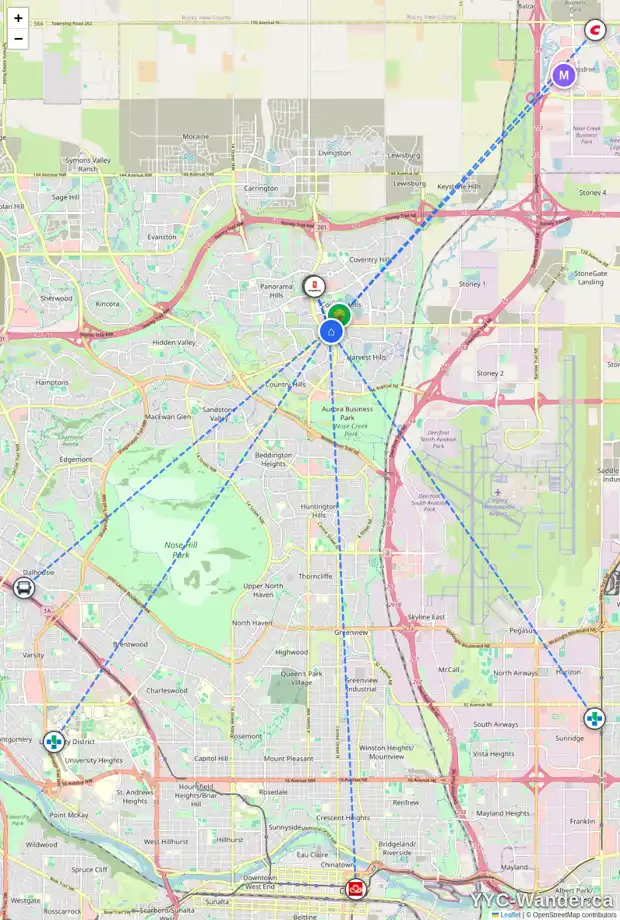 Daily accessibility map for 85 HARVEST OAK CI NE, Calgary showing nearby schools, grocery stores, parks, LRT stations and nearby amenities