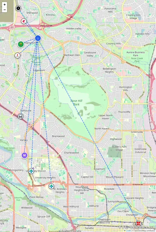 Daily accessibility map for 143 HAMPTONS TC NW, Calgary showing nearby schools, grocery stores, parks, LRT stations and nearby amenities