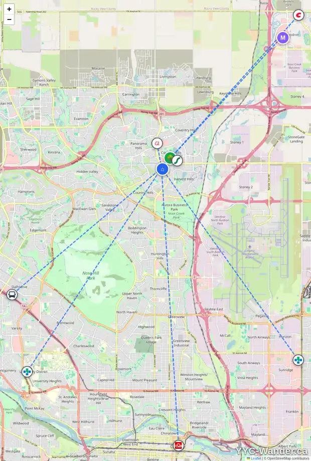 Daily accessibility map for 71 COUNTRY HILLS VI NW, Calgary showing nearby schools, grocery stores, parks, LRT stations and nearby amenities