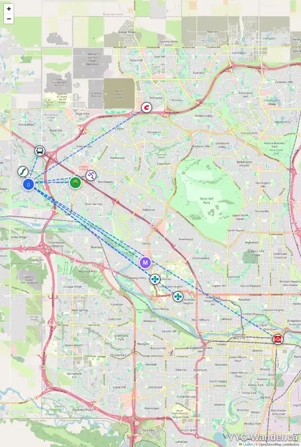 Daily accessibility map for 55 TUSCANY HILLS CL NW, Calgary showing nearby schools, grocery stores, parks, LRT stations and nearby amenities