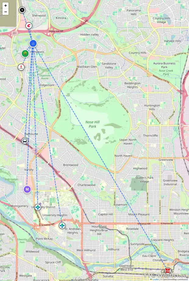 Daily accessibility map for 79 HAMPTONS CL NW, Calgary showing nearby schools, grocery stores, parks, LRT stations and nearby amenities