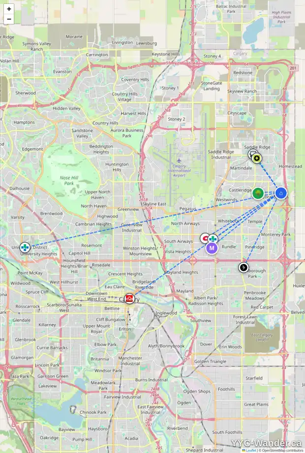 Daily accessibility map for 26 CORAL SPRINGS GD NE, Calgary showing nearby schools, grocery stores, parks, LRT stations and nearby amenities