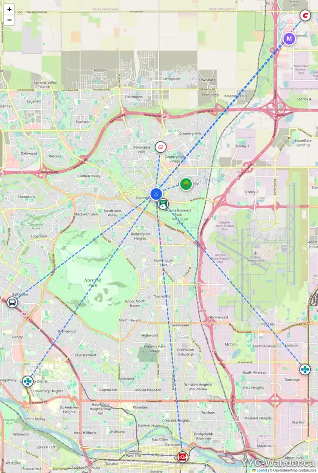 Daily accessibility map for 72 COUNTRY HILLS PA NW, Calgary showing nearby schools, grocery stores, parks, LRT stations and nearby amenities
