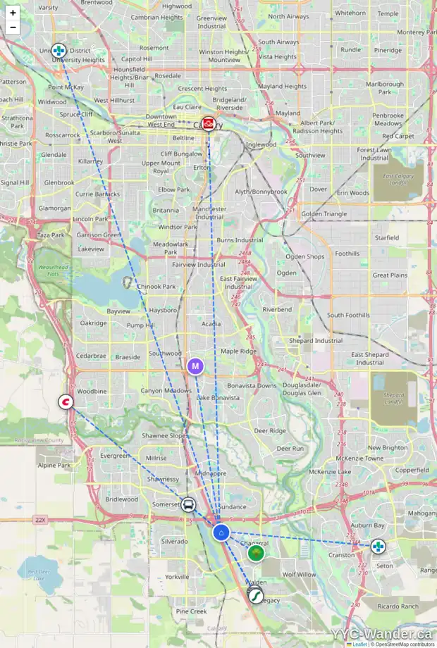 Daily accessibility map for 105 CHAPALINA MR SE, Calgary showing nearby schools, grocery stores, parks, LRT stations and nearby amenities