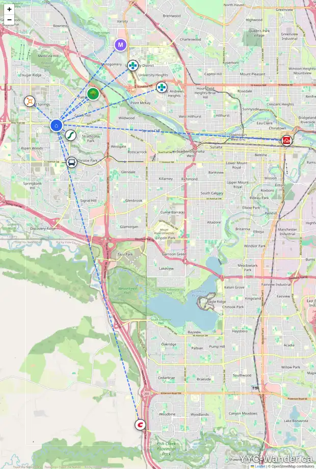 Daily accessibility map for 18 STRATHRIDGE CO SW, Calgary showing nearby schools, grocery stores, parks, LRT stations and nearby amenities