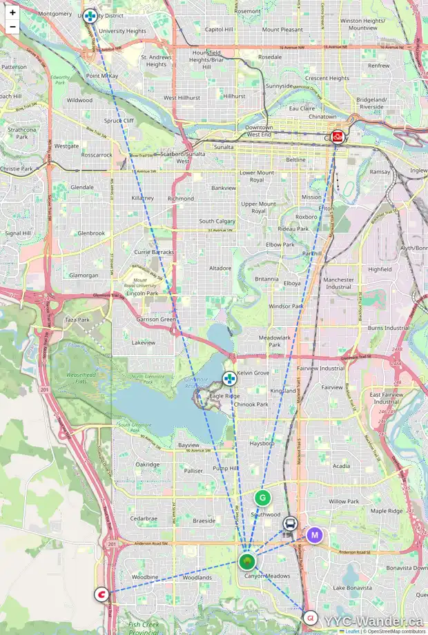 Daily accessibility map for 424 CANTERBURY PL SW, Calgary showing nearby schools, grocery stores, parks, LRT stations and nearby amenities