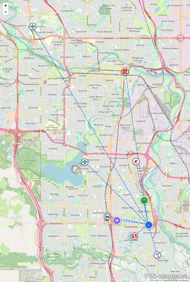 Daily accessibility map for 1332 MAPLEGLADE CR SE, Calgary showing nearby schools, grocery stores, parks, LRT stations and nearby amenities
