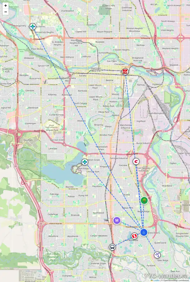 Daily accessibility map for 1111 LAKE WAPTA RD SE, Calgary showing nearby schools, grocery stores, parks, LRT stations and nearby amenities