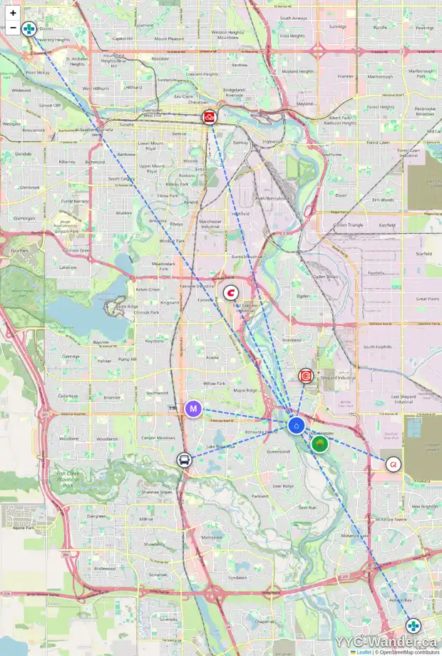 Daily accessibility map for 159 DOUGLASBANK DR SE, Calgary showing nearby schools, grocery stores, parks, LRT stations and nearby amenities