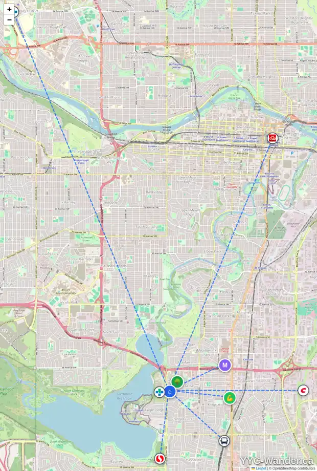 Daily accessibility map for 7220 KEW ST SW, Calgary showing nearby schools, grocery stores, parks, LRT stations and nearby amenities