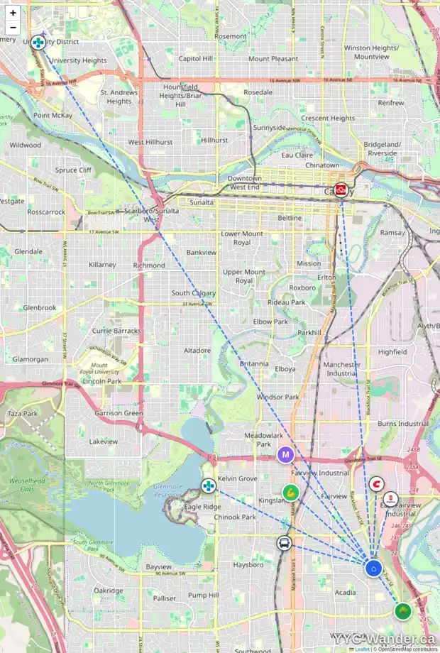 Daily accessibility map for 716 AVONLEA PL SE, Calgary showing nearby schools, grocery stores, parks, LRT stations and nearby amenities