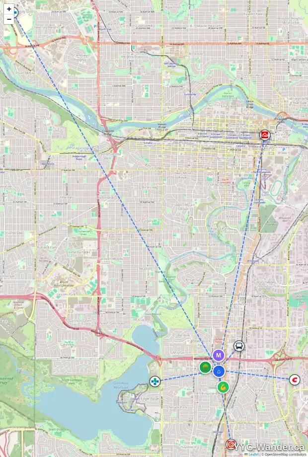 Daily accessibility map for 604 69 AV SW, Calgary showing nearby schools, grocery stores, parks, LRT stations and nearby amenities