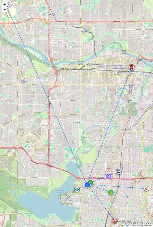 Daily accessibility map for 7020 KENNEDY DR SW, Calgary showing nearby schools, grocery stores, parks, LRT stations and nearby amenities