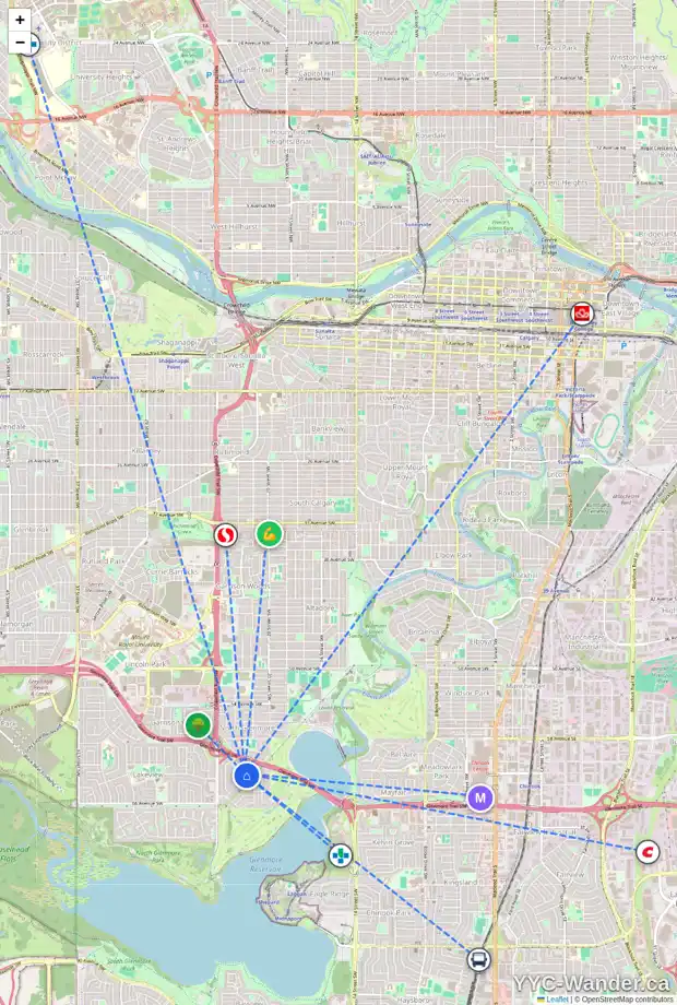 Daily accessibility map for 2228 LONGRIDGE DR SW, Calgary showing nearby schools, grocery stores, parks, LRT stations and nearby amenities