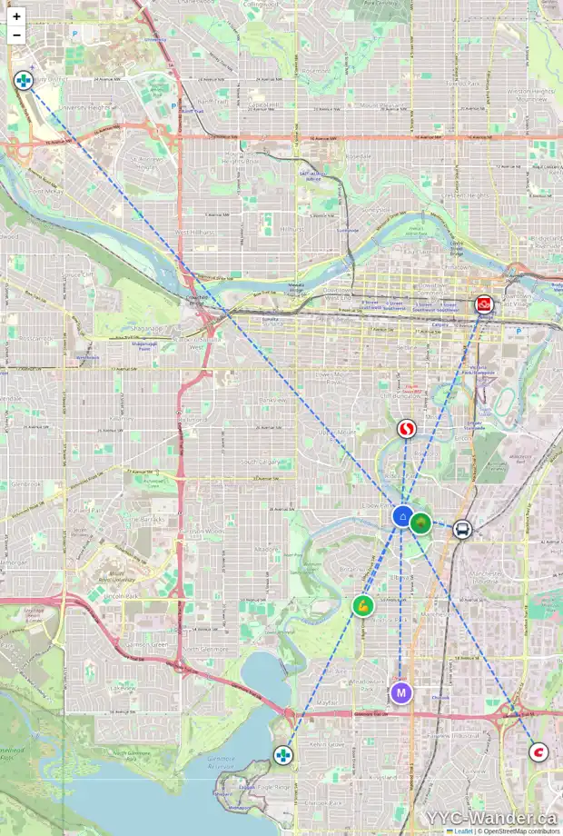 Daily accessibility map for 240 39 AV SW, Calgary showing nearby schools, grocery stores, parks, LRT stations and nearby amenities