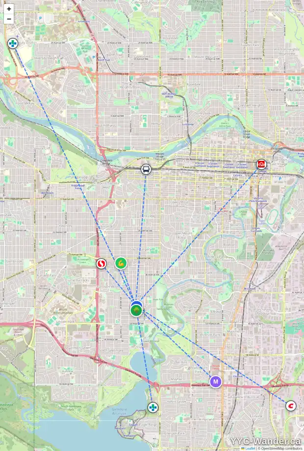 Daily accessibility map for 4611 17 ST SW, Calgary showing nearby schools, grocery stores, parks, LRT stations and nearby amenities