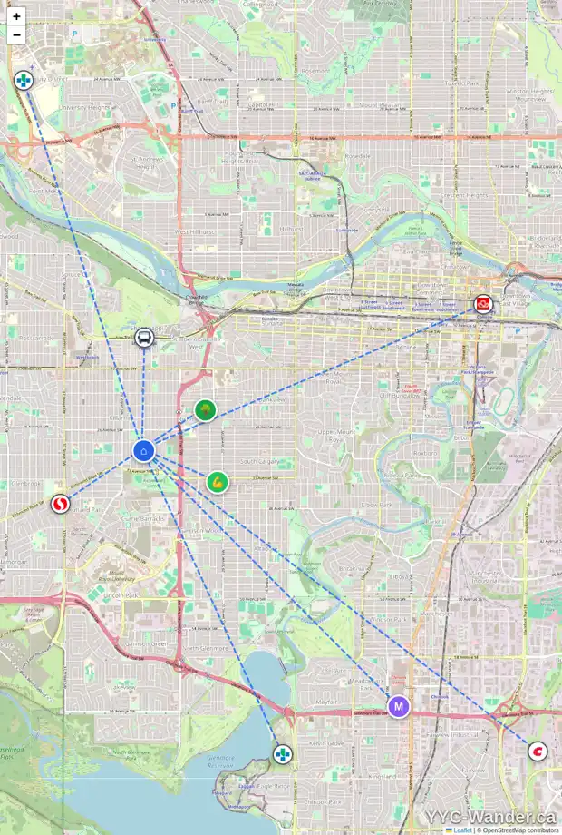 Daily accessibility map for 3023 26A ST SW, Calgary showing nearby schools, grocery stores, parks, LRT stations and nearby amenities
