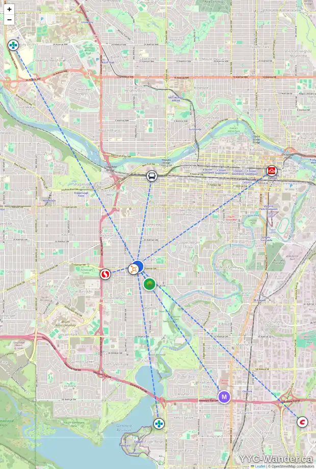 Daily accessibility map for 1911 32 AV SW, Calgary showing nearby schools, grocery stores, parks, LRT stations and nearby amenities