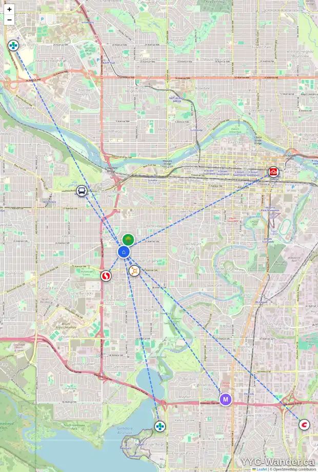 Daily accessibility map for 2119 28 AV SW, Calgary showing nearby schools, grocery stores, parks, LRT stations and nearby amenities
